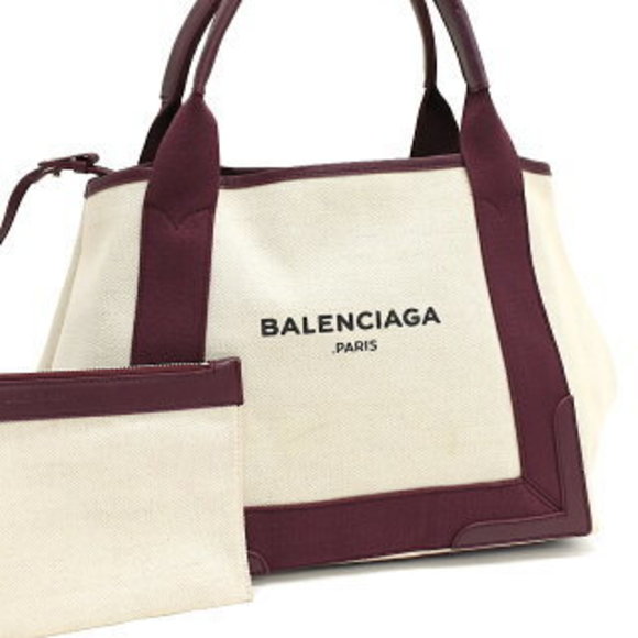 BALENCIAGA Navy Blue Cabas Tote Bag Canvas Off White Bordeaux - Picture 1 of 8